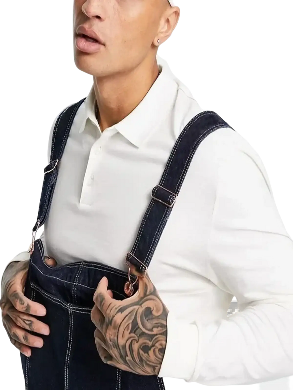 Men denim overalls in dark blue denim with white stitching and adjustable shoulder straps for casual wear