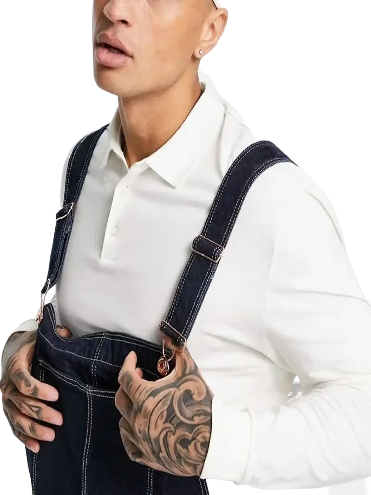 Men denim overalls in dark blue denim with white stitching and adjustable shoulder straps for casual wear