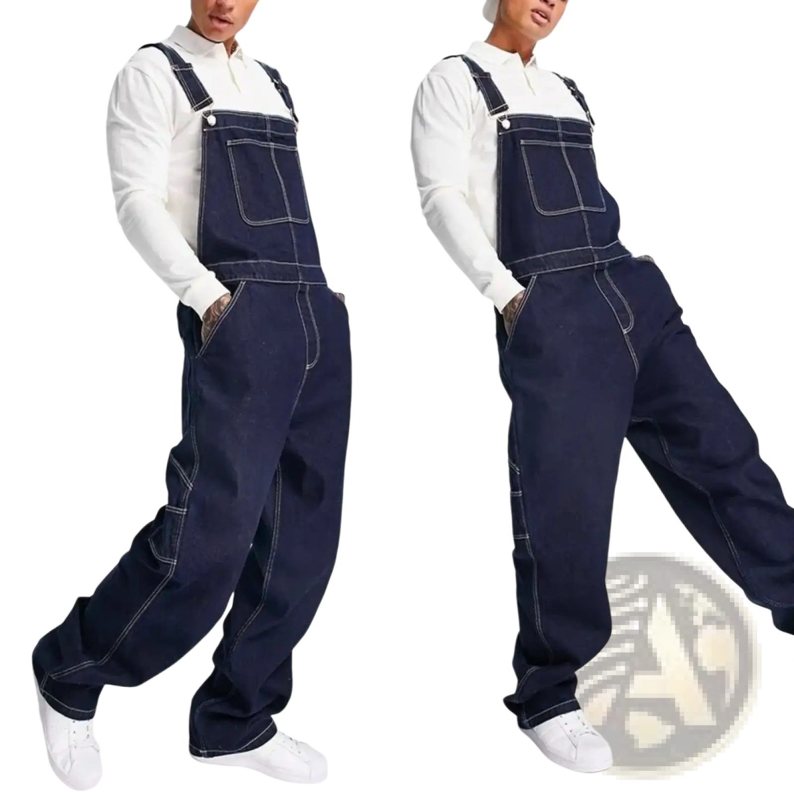 Men denim overalls loose casual bib jeans in dark blue denim with white stitching and adjustable straps