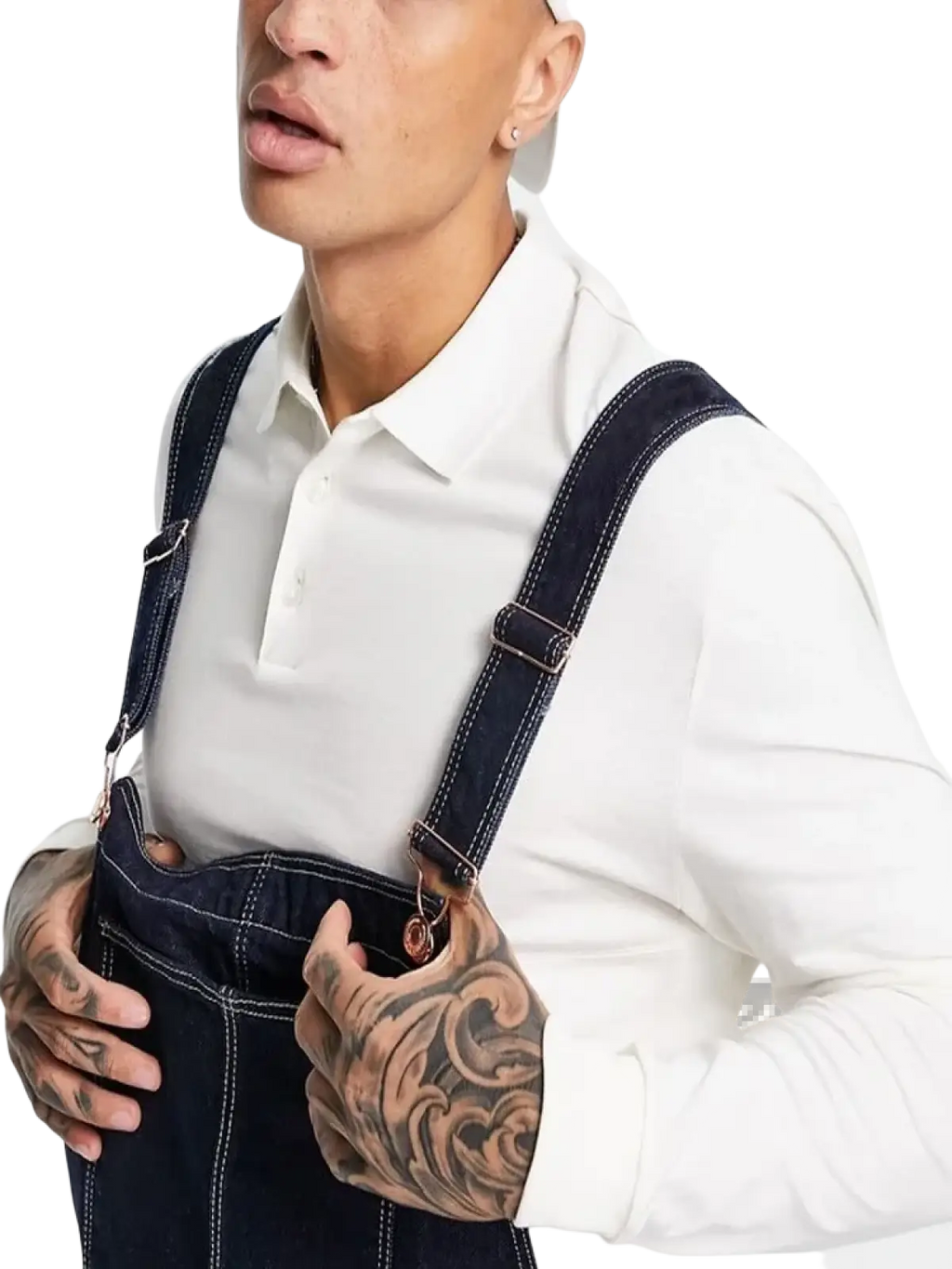 Dark blue denim overalls with white stitching and adjustable straps for loose casual wear