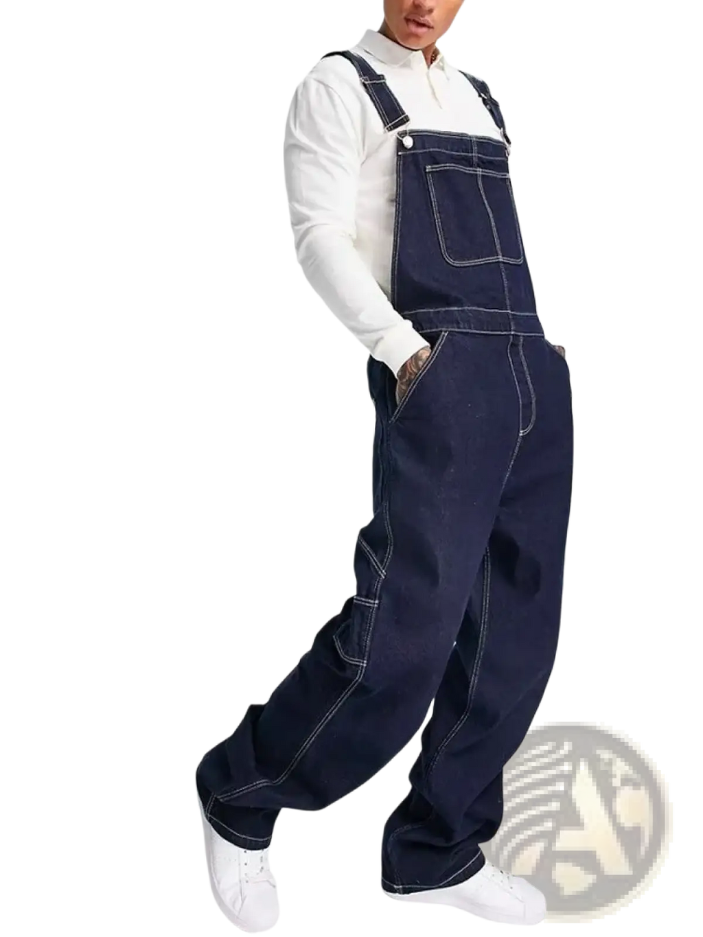 Men denim overalls in dark blue with contrasting white stitching and a classic relaxed fit for casual wear