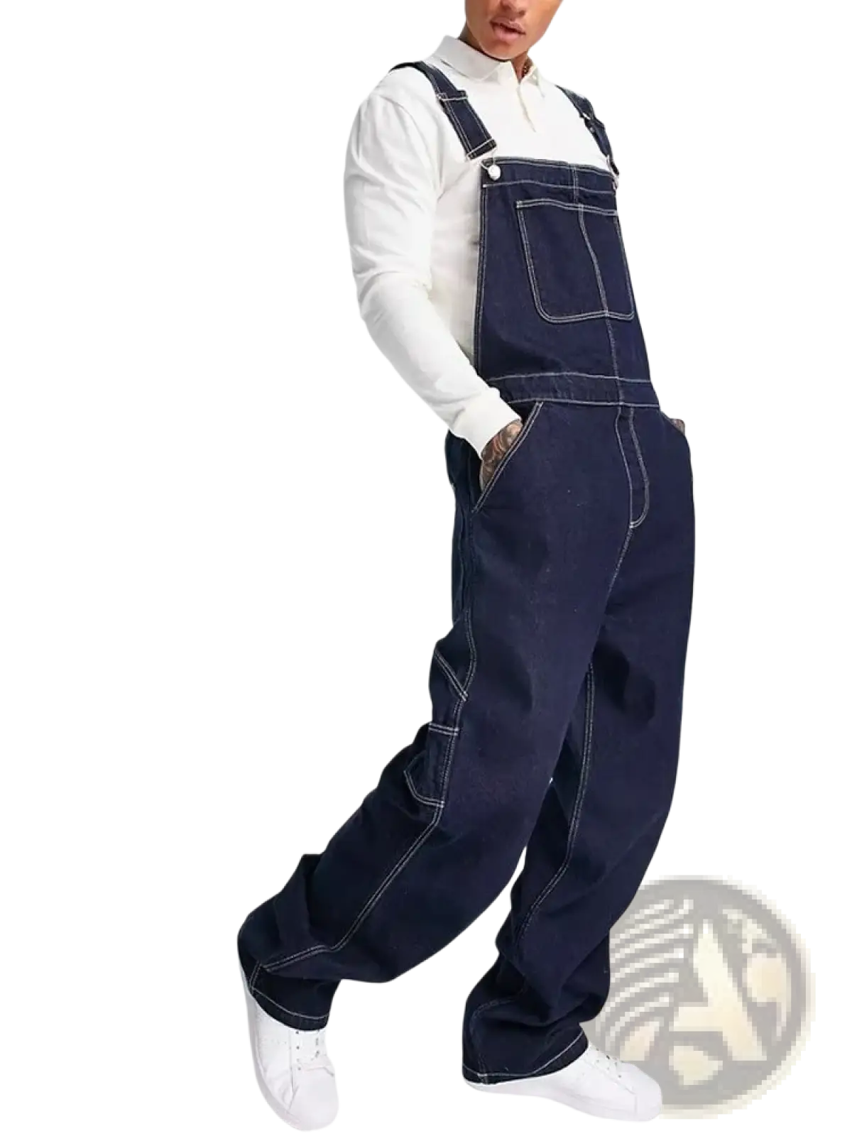 Men denim overalls in dark blue with contrasting white stitching and a classic relaxed fit for casual wear