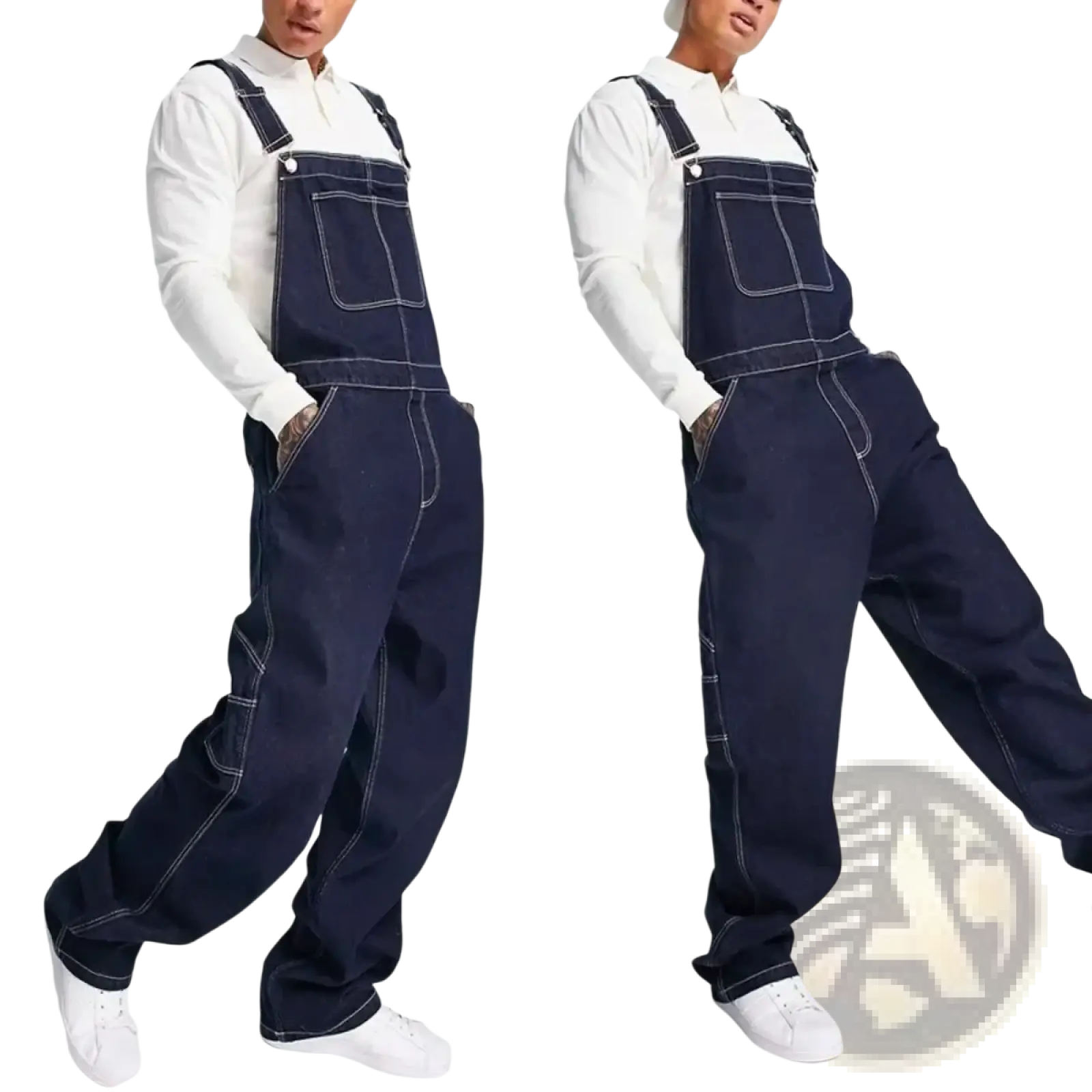 Men denim overalls loose casual bib jeans in dark blue denim with white stitching and a relaxed fit