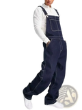 Men denim overalls loose casual bib jeans in dark blue denim with contrasting white stitching and a relaxed fit