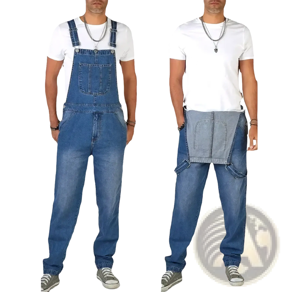 Men denim overalls straight leg casual jumpsuit in blue denim with adjustable straps and front pockets