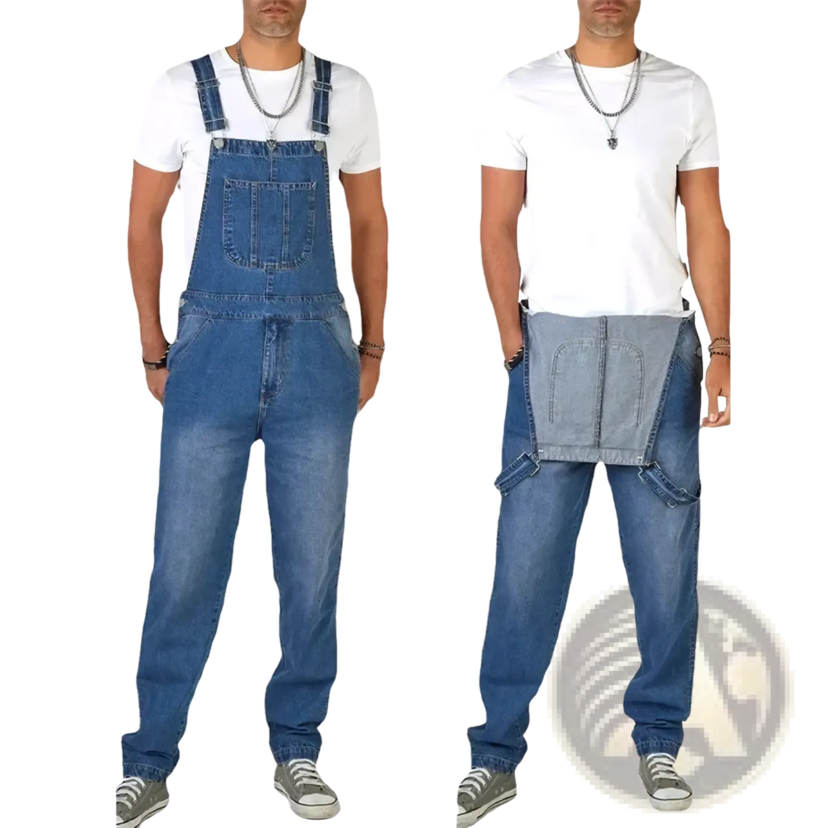 Men denim overalls straight leg casual jumpsuit in blue denim with adjustable straps and front pockets