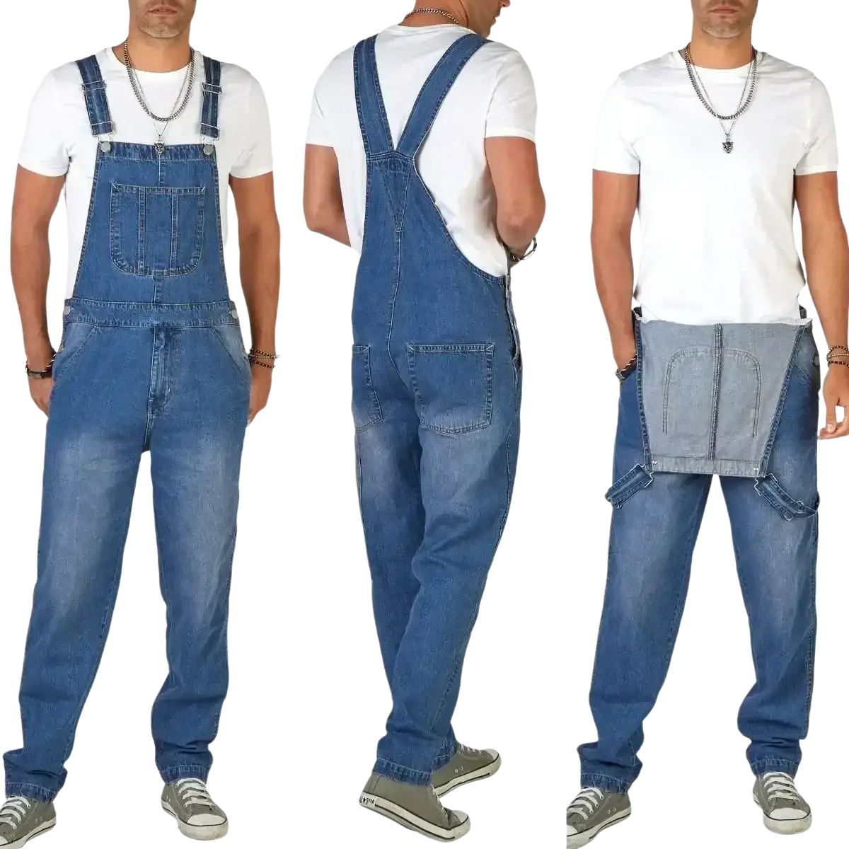 Men denim overalls straight leg casual jumpsuit in blue denim with adjustable straps and multiple pockets