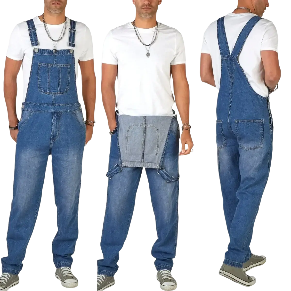 Men denim overalls straight leg casual jumpsuit in blue denim with adjustable straps and multiple pockets classic design