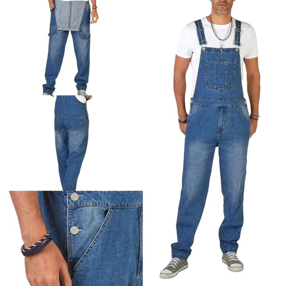 Men denim overalls straight leg casual jumpsuit in blue denim with classic design, sturdy stitching, and button closures