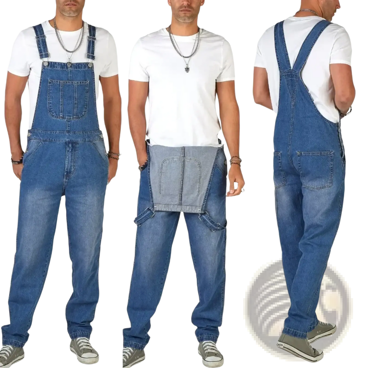 Men denim overalls straight leg casual jumpsuit in blue denim with adjustable straps and multiple pockets classic design