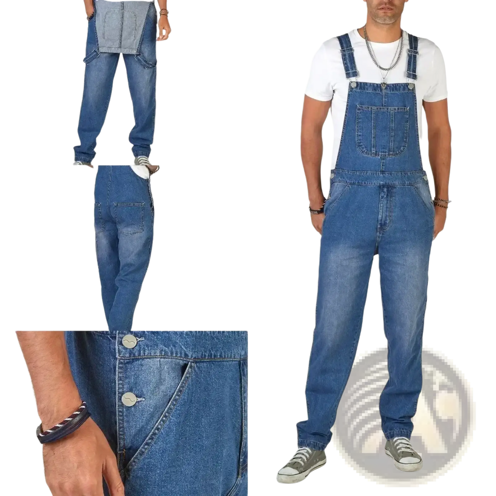 Men denim overalls straight leg casual jumpsuit in blue denim with classic design, sturdy stitching, and button closures