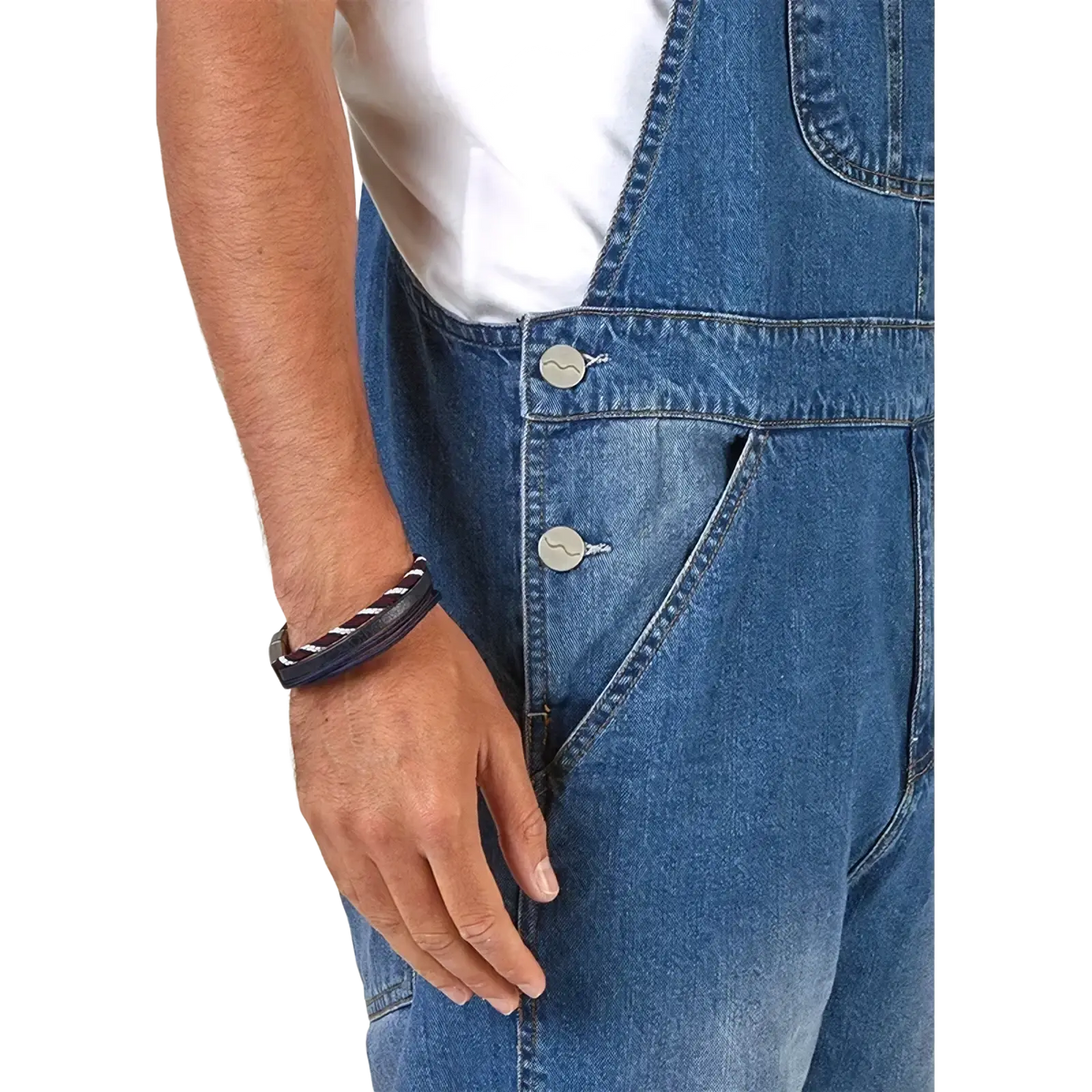 Men denim overalls in blue denim with silver buttons featuring a classic rugged design and straight leg casual fit