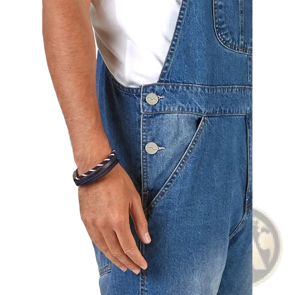 Men denim overalls in blue denim with silver buttons featuring a classic rugged design and straight leg casual fit