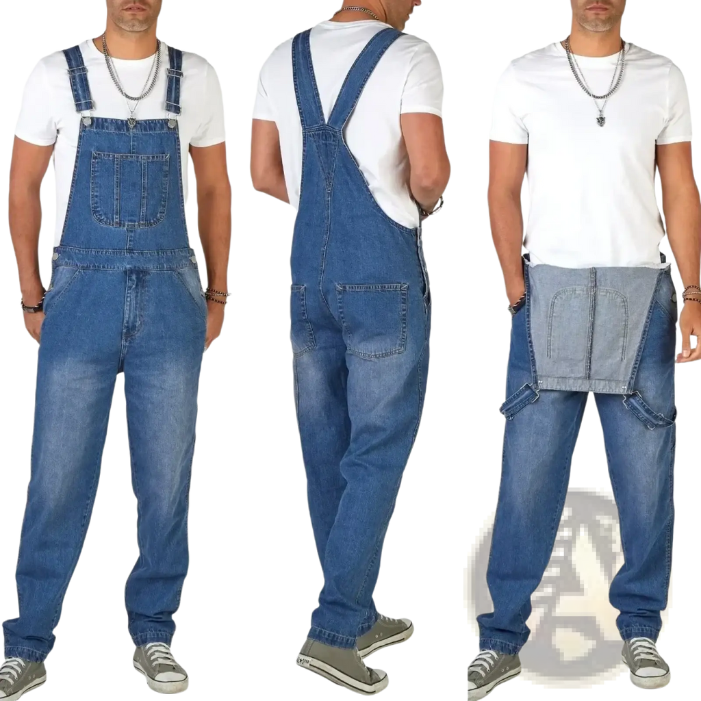 Men denim overalls straight leg casual jumpsuit featuring blue denim with adjustable straps and multiple pockets