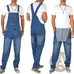 Men denim overalls straight leg casual jumpsuit featuring blue denim with adjustable straps and multiple pockets