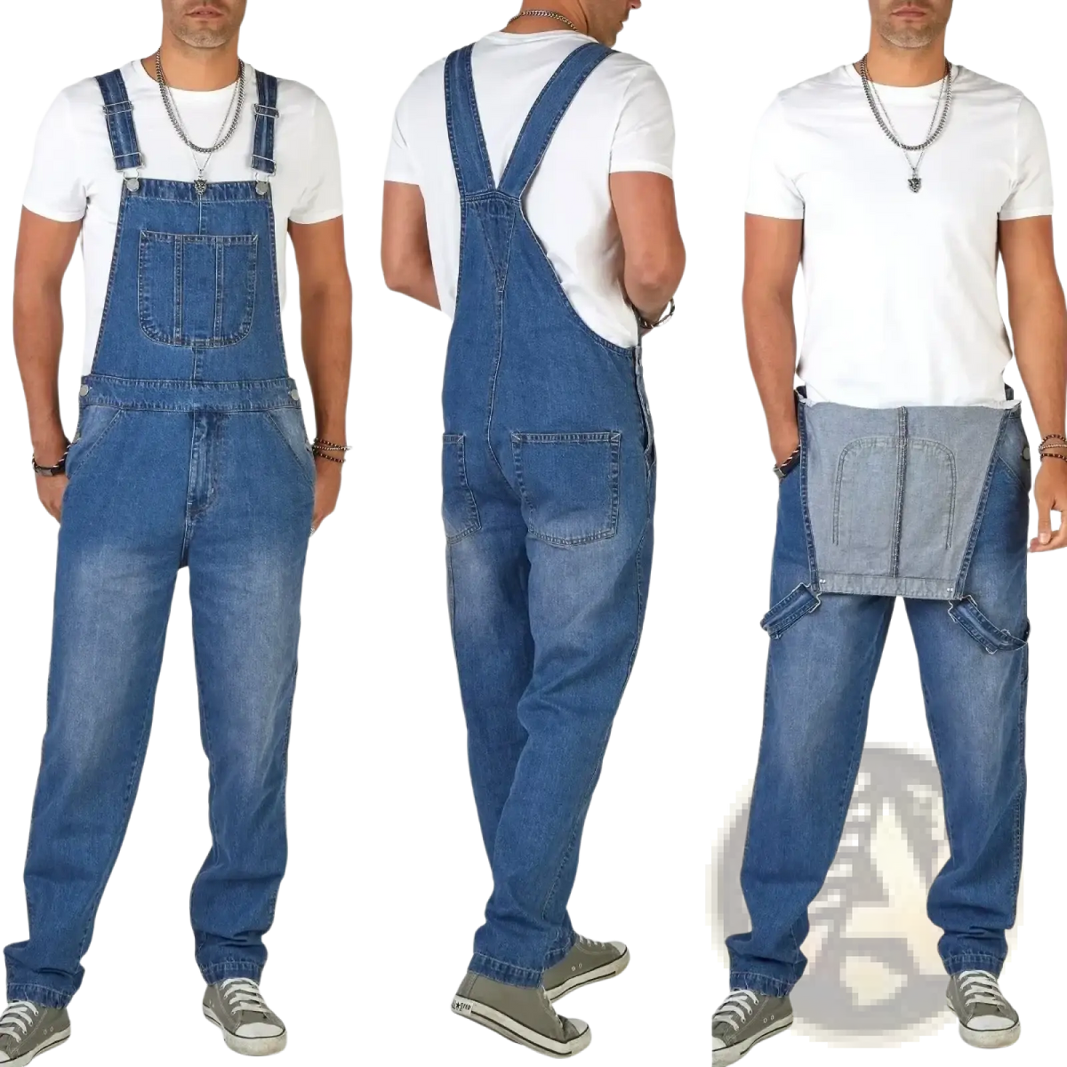 Men denim overalls straight leg casual jumpsuit featuring blue denim with adjustable straps and multiple pockets