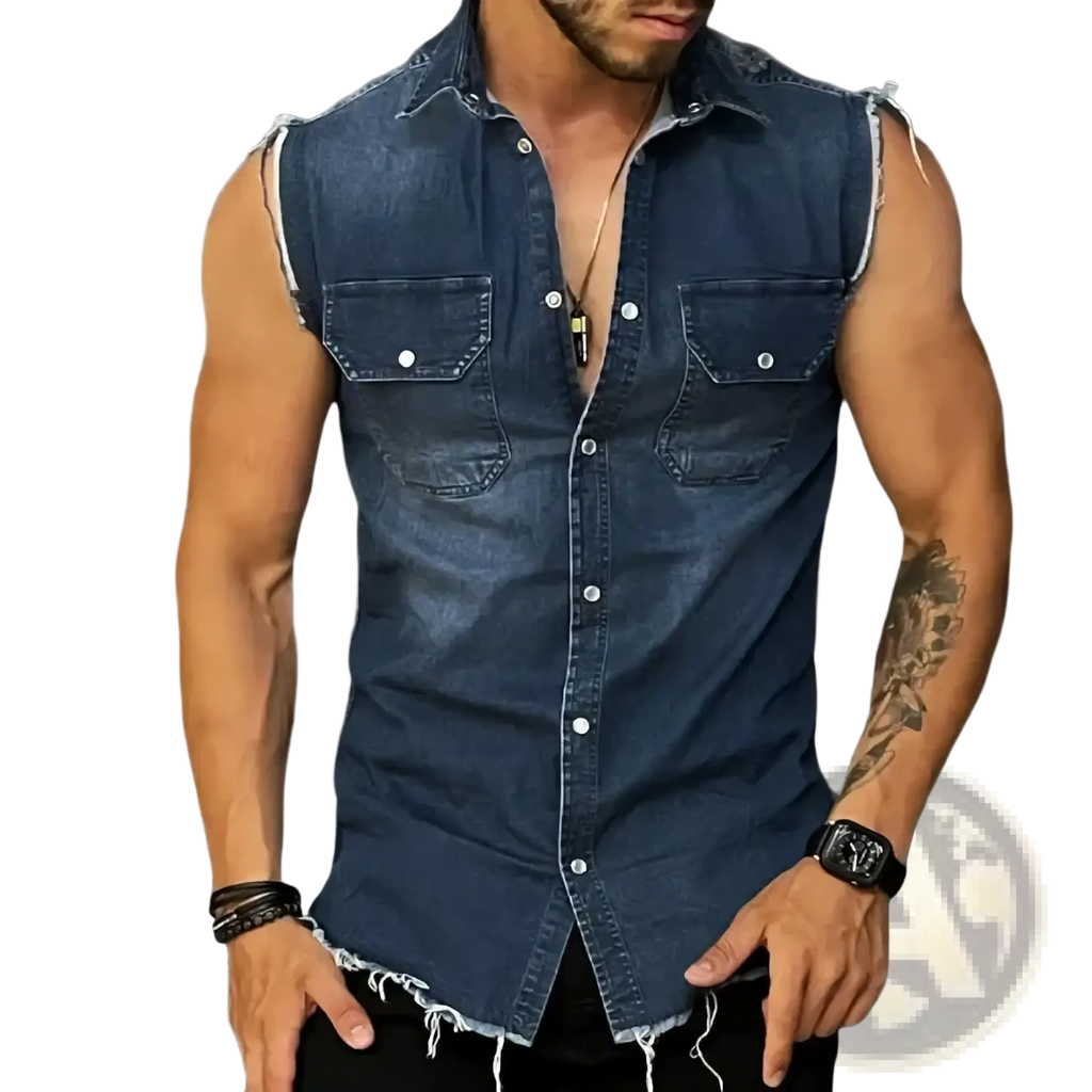 Men denim tank top sleeveless streetwear shirt in dark blue denim with frayed edges and two chest pockets