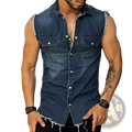 Men denim tank top sleeveless streetwear shirt in dark blue denim with frayed edges and two chest pockets