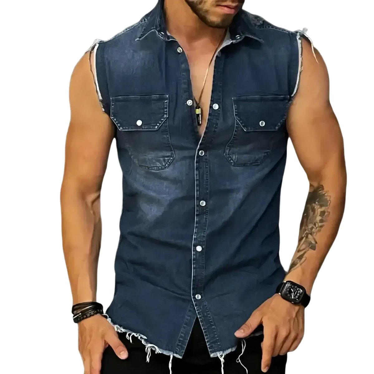 Dark blue men denim tank top sleeveless streetwear shirt with frayed edges and two chest pockets