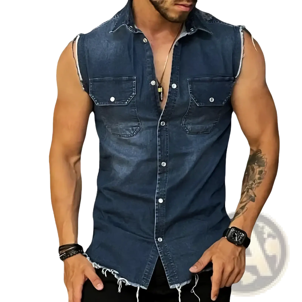 Men denim tank top sleeveless streetwear shirt in dark blue denim with frayed edges and two chest pockets