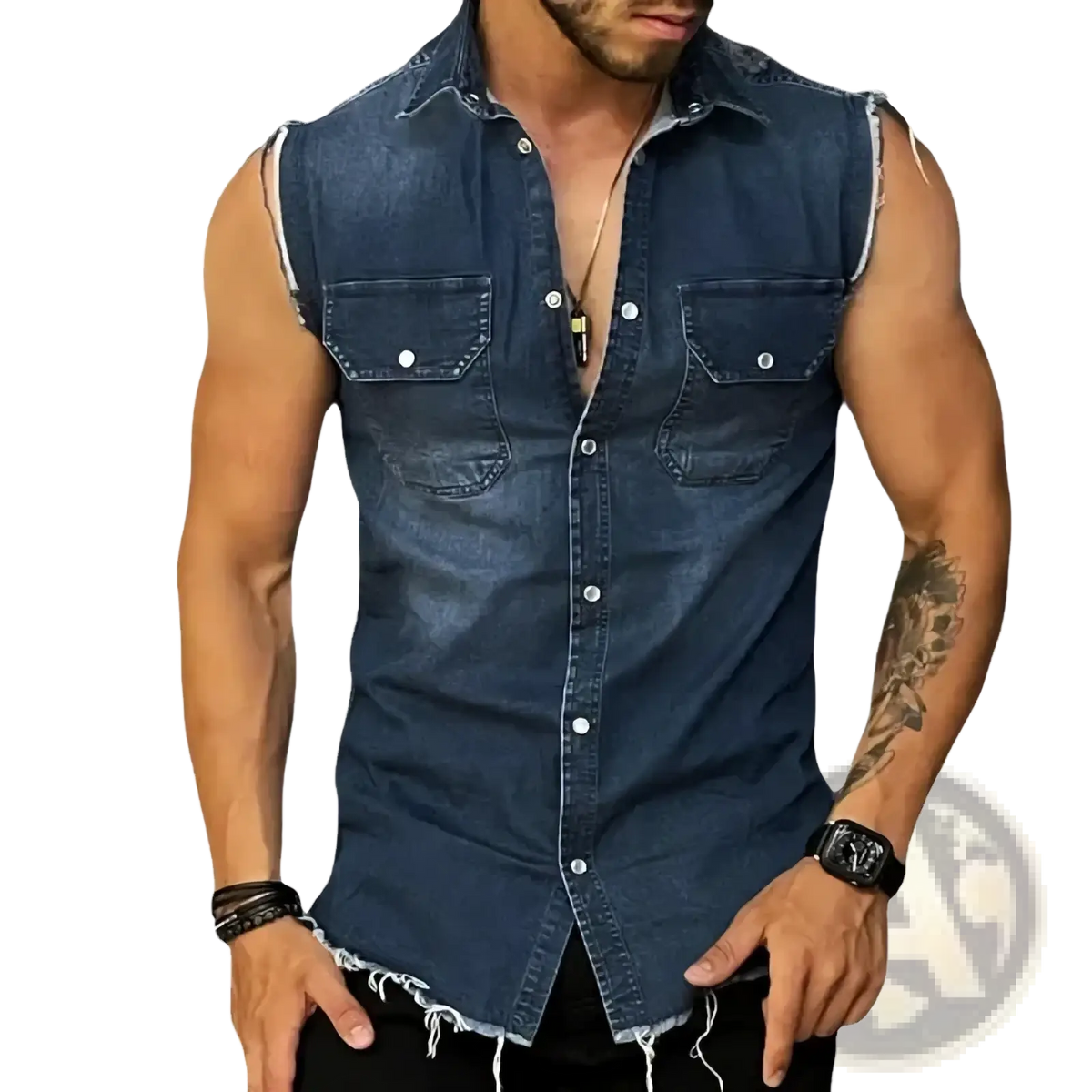 Men denim tank top sleeveless streetwear shirt in dark blue denim with frayed edges and two chest pockets