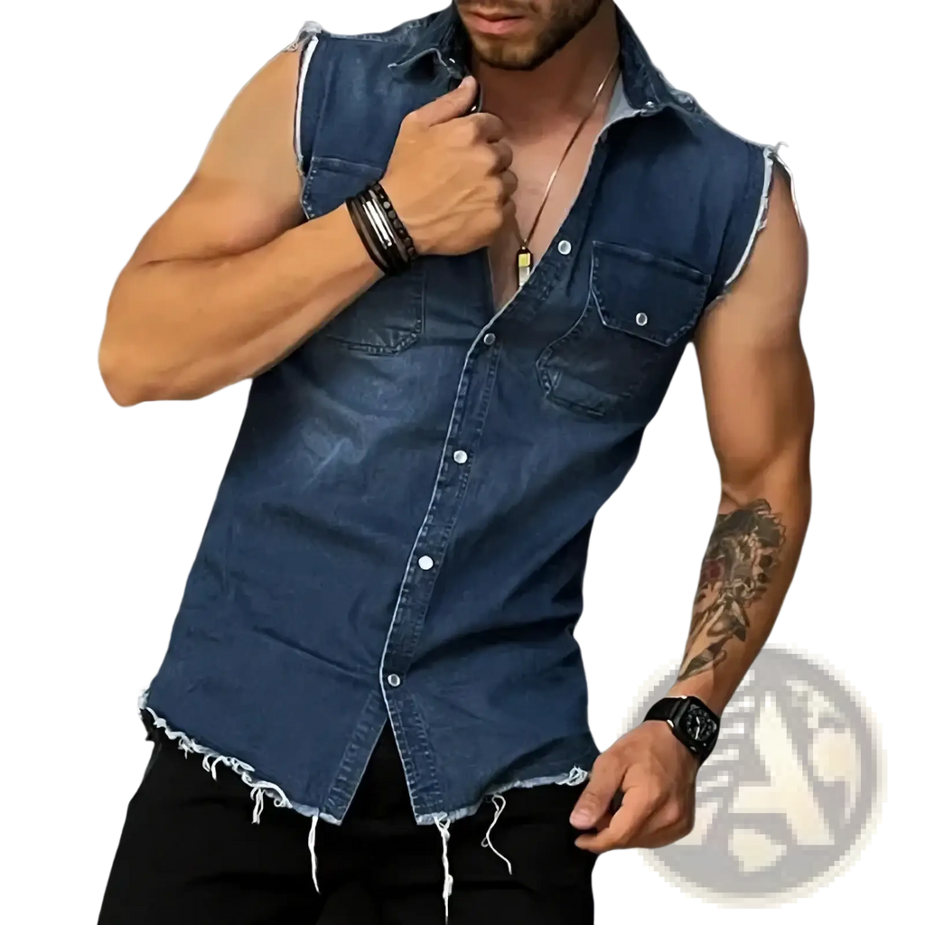 Men denim tank top with dark blue sleeveless shirt featuring frayed edges and button-front design for streetwear