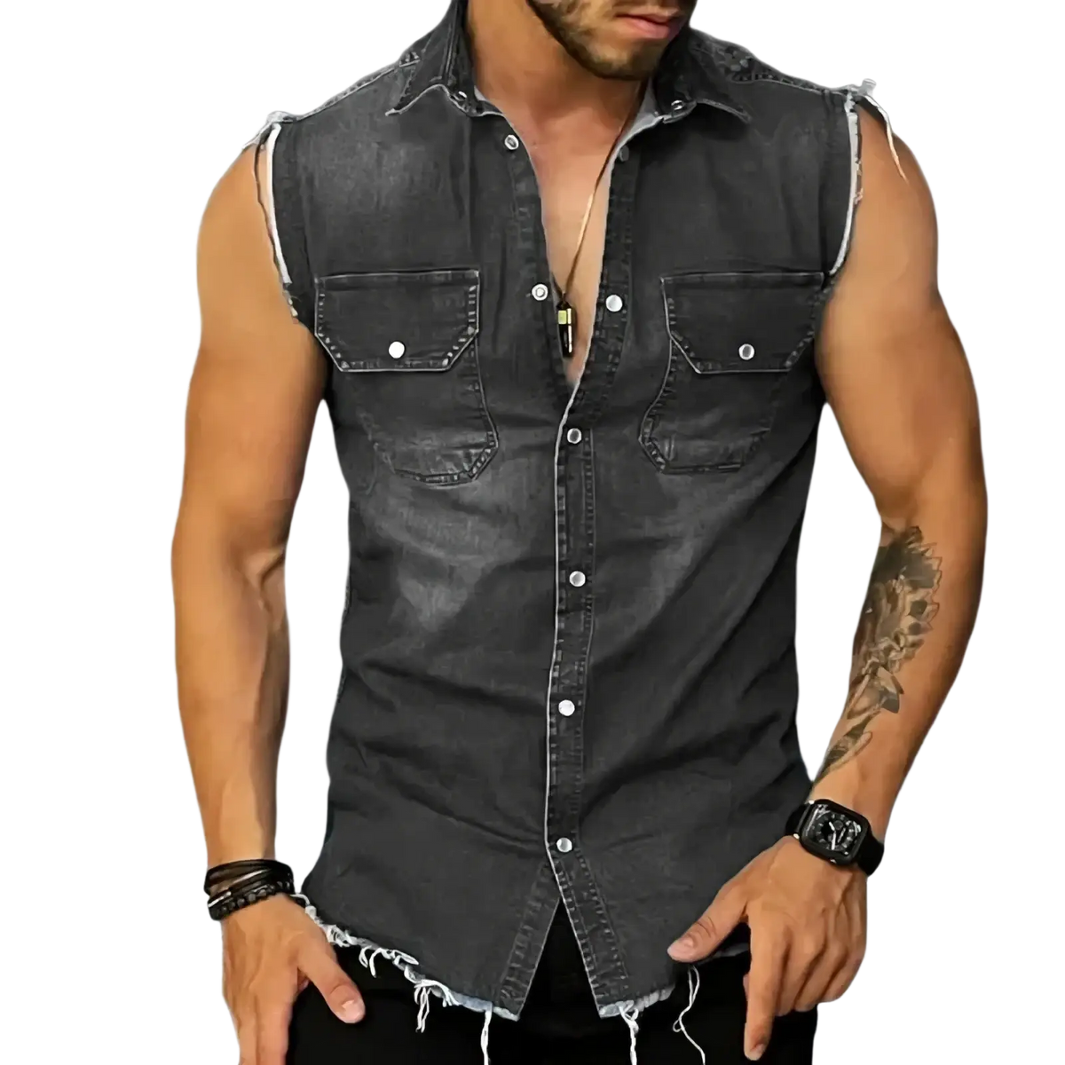 Men denim tank top sleeveless streetwear shirt in dark gray denim with frayed edges and two chest pockets