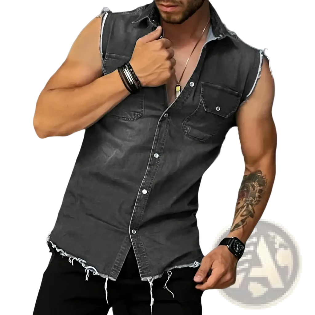 Men denim tank top sleeveless streetwear shirt in dark gray denim with frayed edges and button-front design