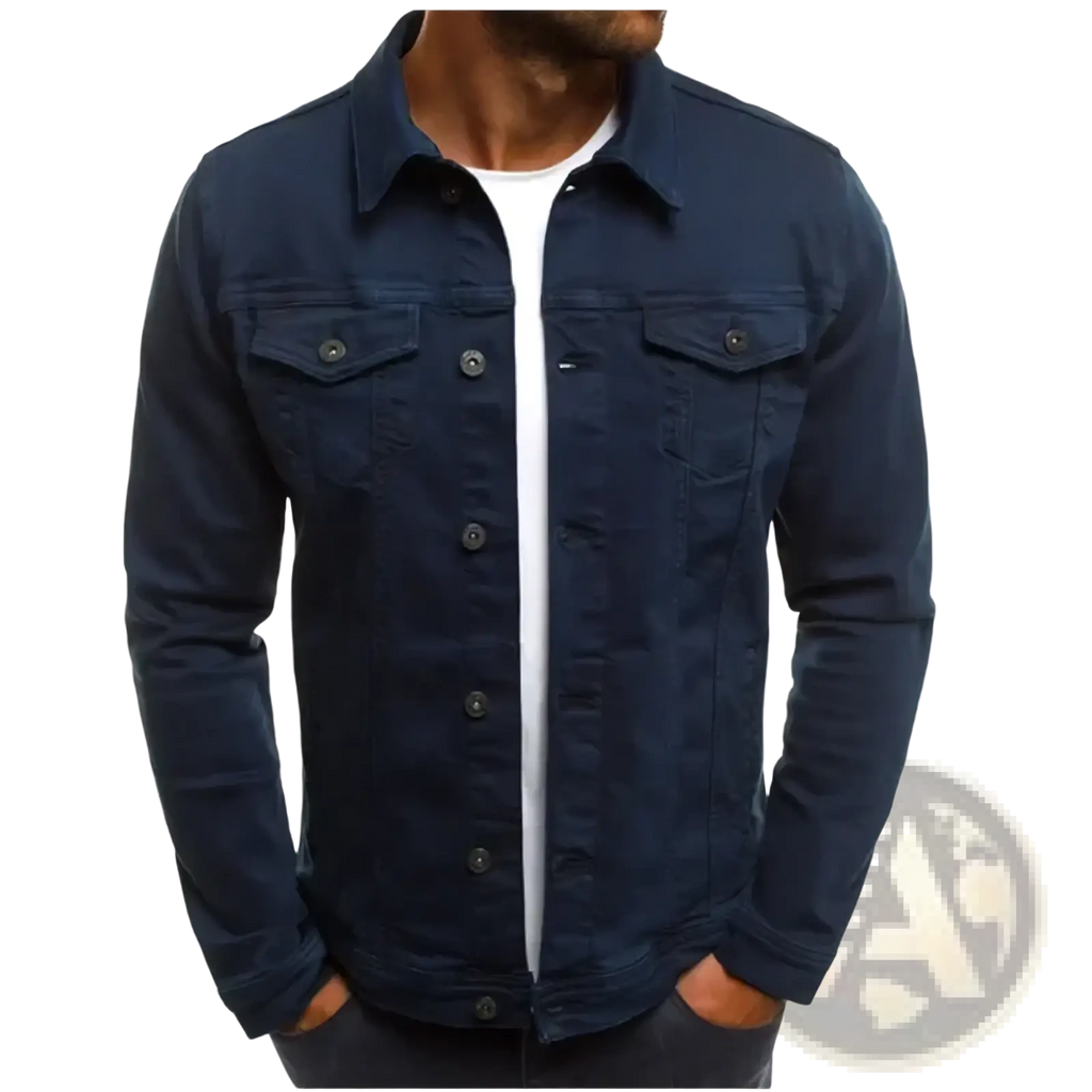 Dark blue cotton men denim trucker jacket with button closures and two chest pockets slim casual coat