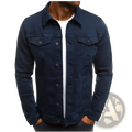 Dark blue cotton men denim trucker jacket with button closures and two chest pockets slim casual coat