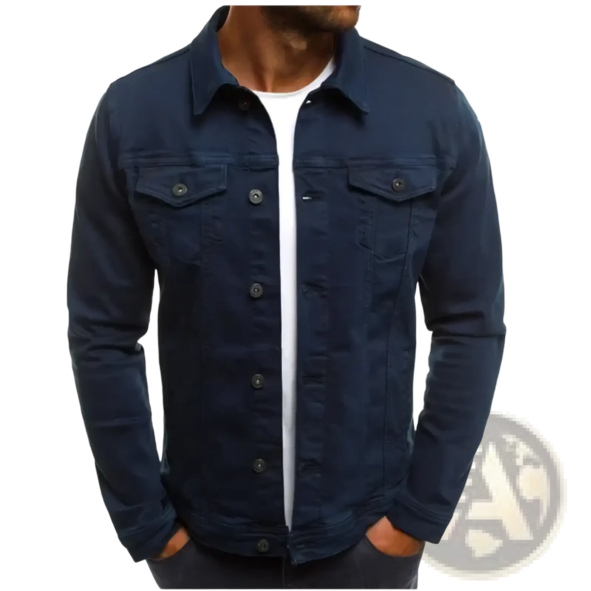 Dark blue cotton men denim trucker jacket with button closures and two chest pockets slim casual coat