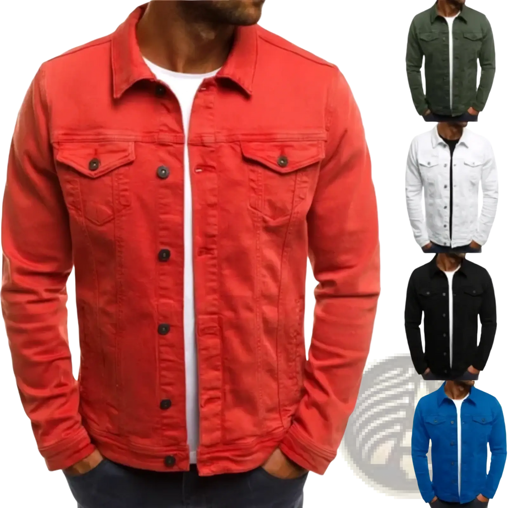 Men denim trucker jacket in red cotton with chest pockets and black buttons for casual slim fit style