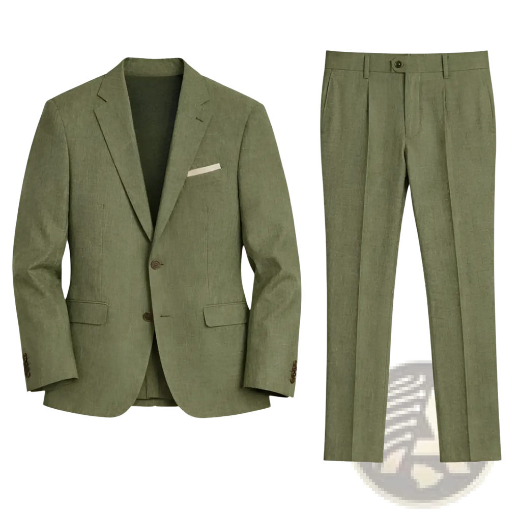Men digital print casual suit set in olive green tweed featuring a single-breasted jacket and matching trousers