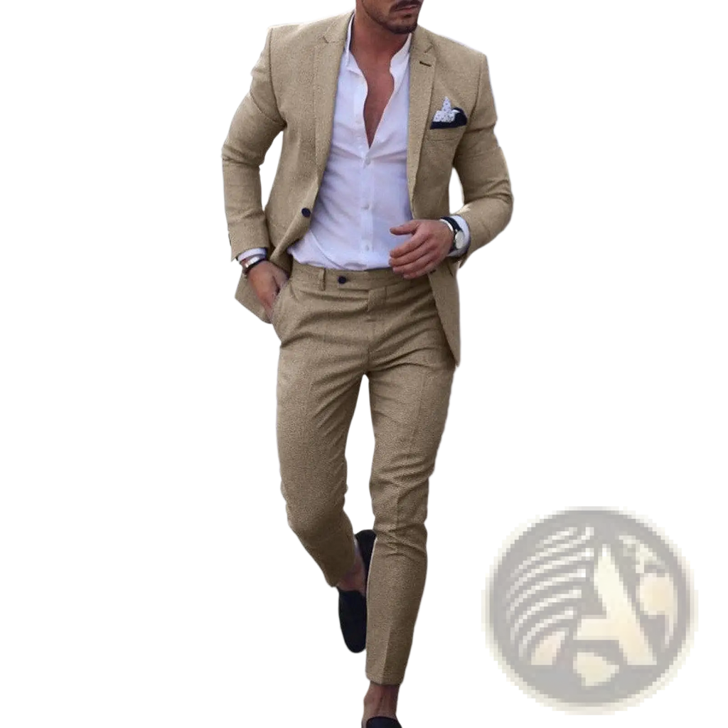 Men digital print casual suit set featuring a beige textured suit jacket and matching trousers over a white shirt