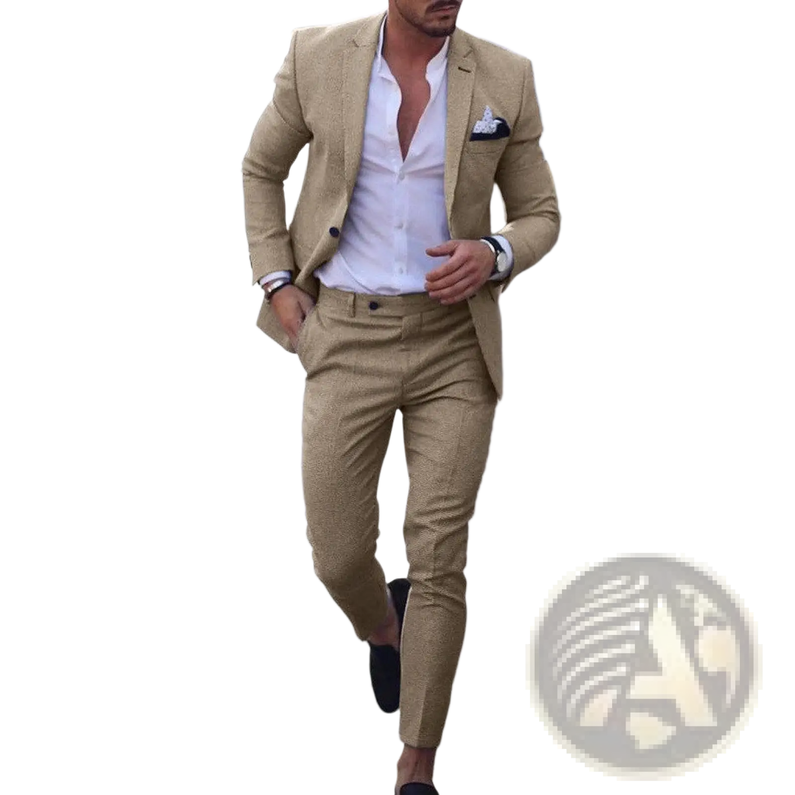 Men digital print casual suit set featuring a beige textured suit jacket and matching trousers over a white shirt
