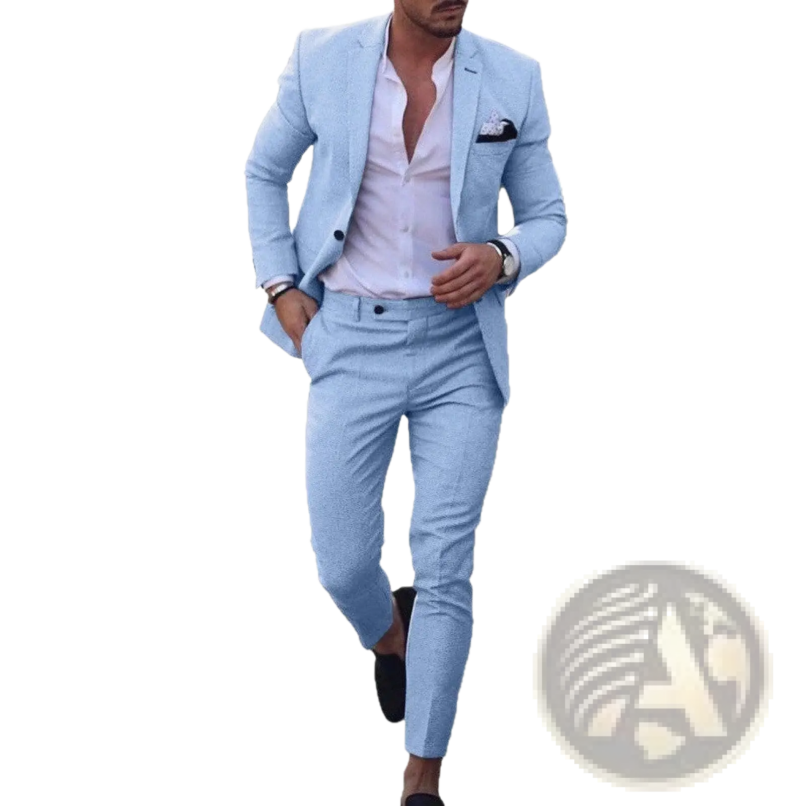 Men digital print casual suit set in light blue textured fabric featuring a matching blazer and trousers