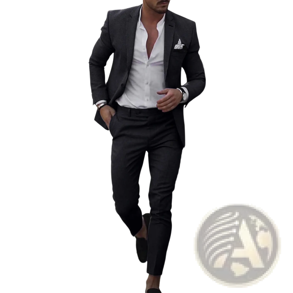 A man wearing a sleek black digital print casual suit set with a white dress shirt and matching trousers