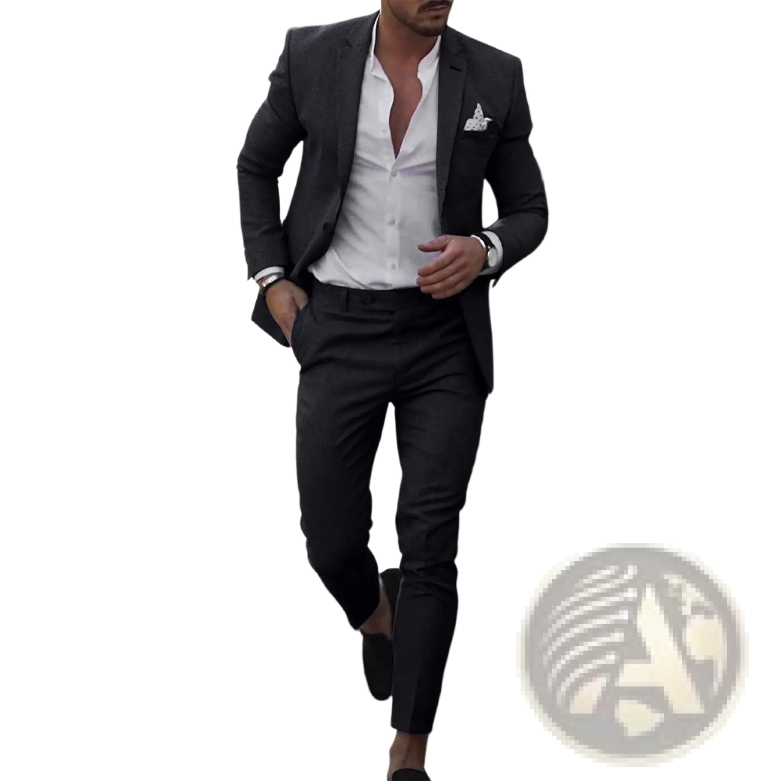 A man wearing a sleek black digital print casual suit set with a white dress shirt and matching trousers