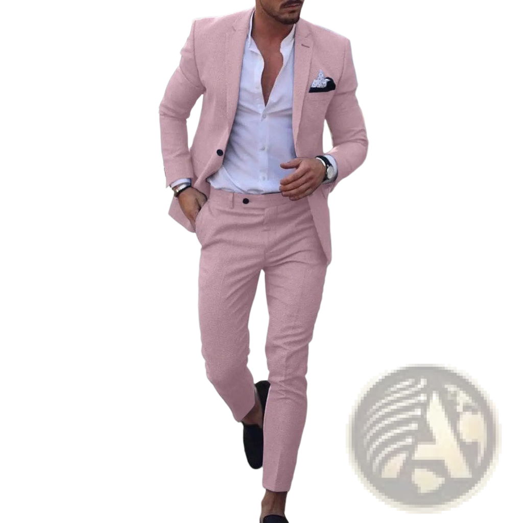 A man wearing a tailored pink men digital print casual suit set with matching trousers and a white shirt