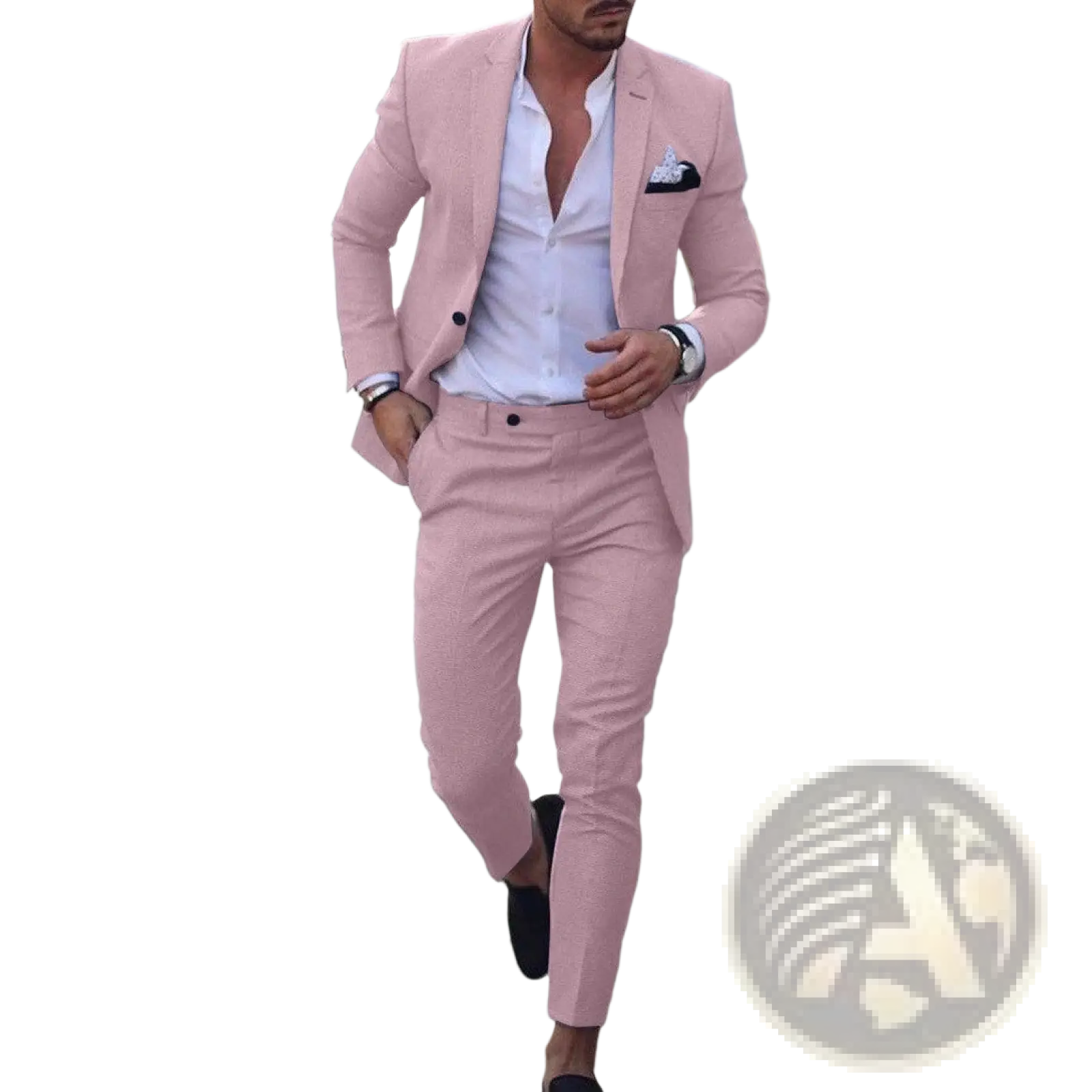 A man wearing a tailored pink men digital print casual suit set with matching trousers and a white shirt