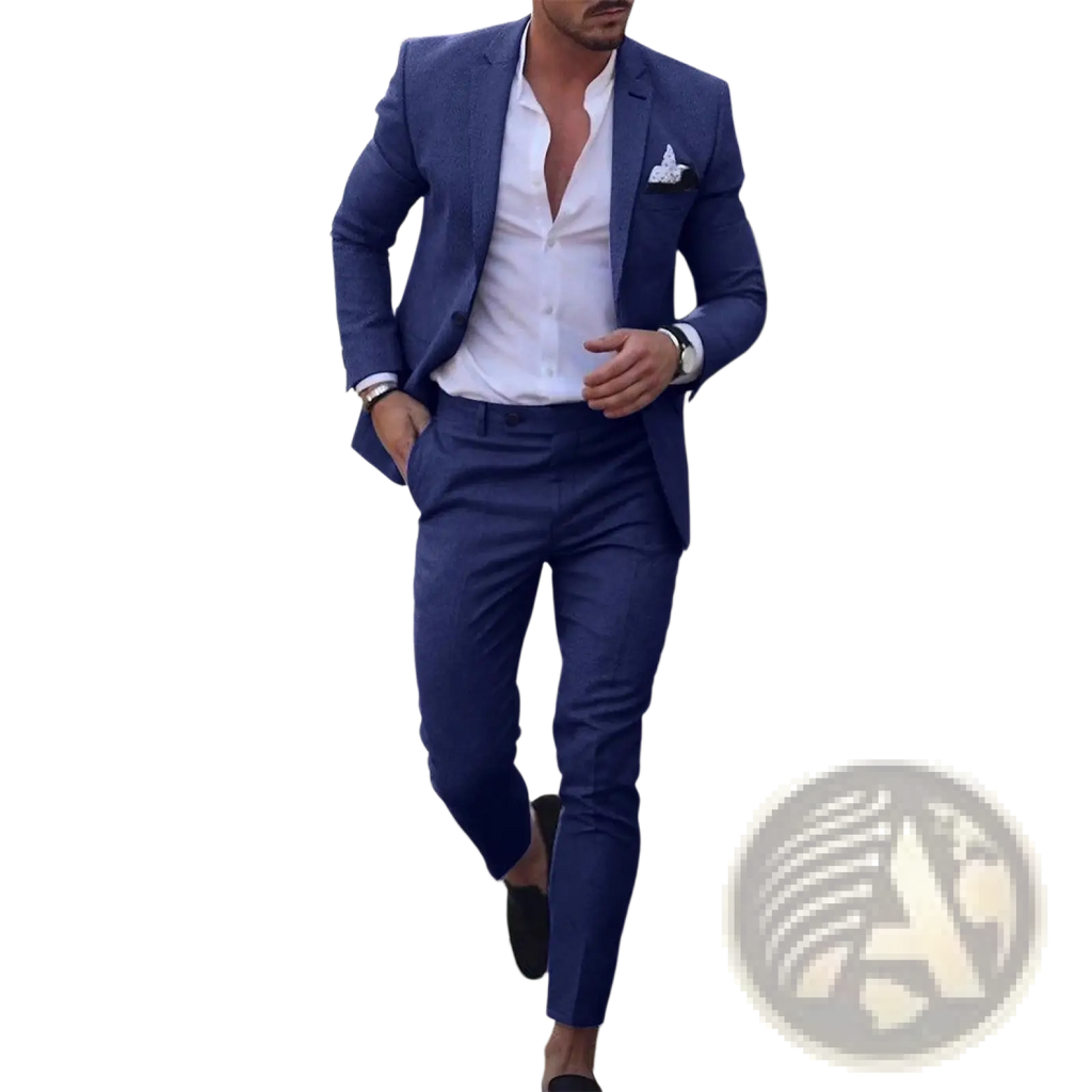 A sharp navy blue men digital print casual suit set with white dress shirt and matching pocket square