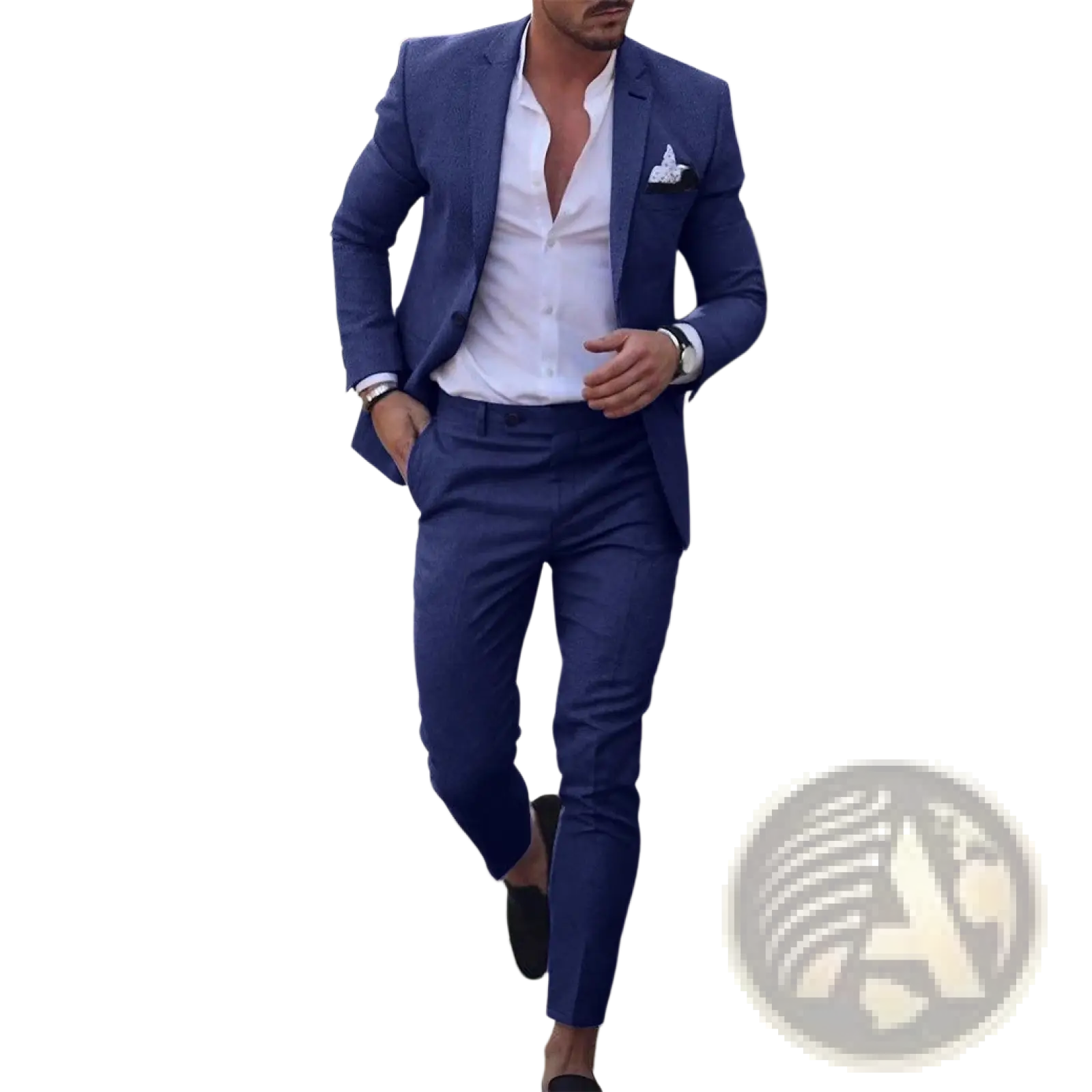 A sharp navy blue men digital print casual suit set with white dress shirt and matching pocket square