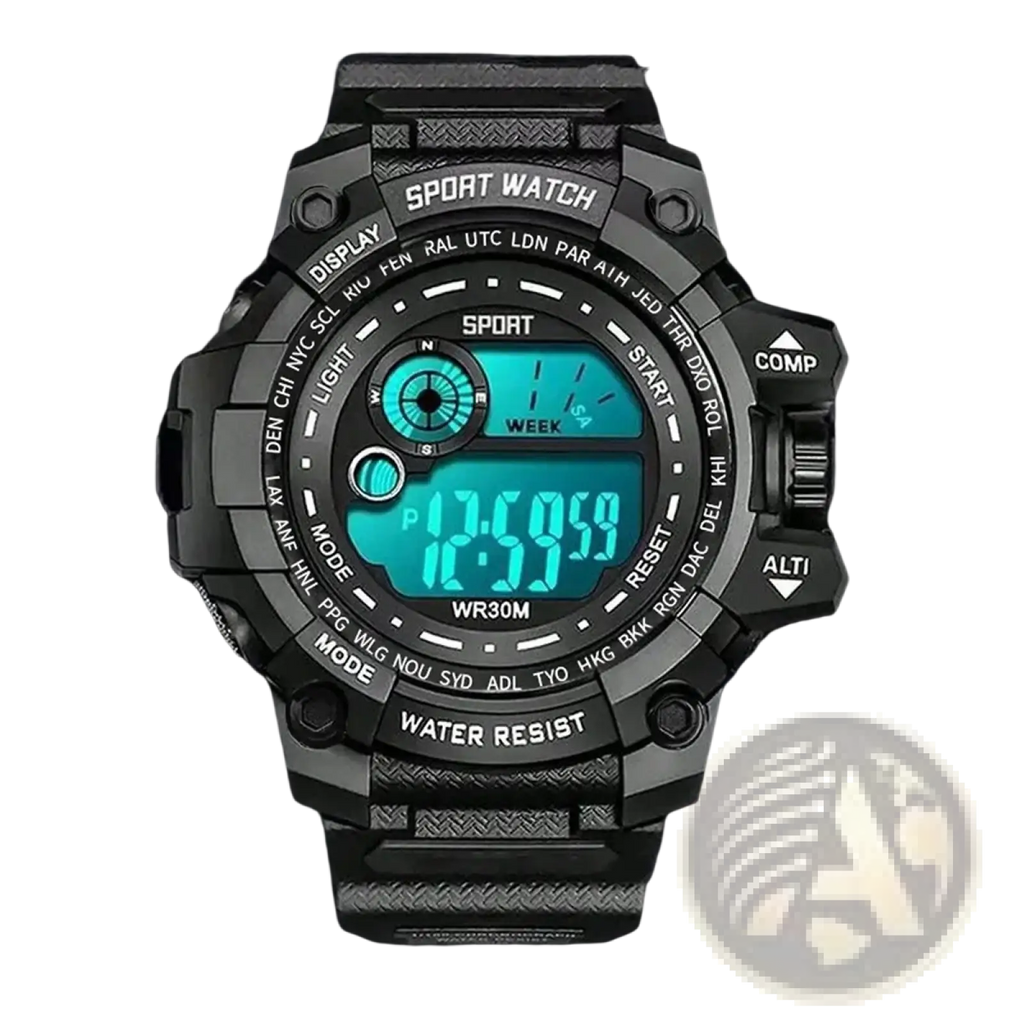 Men digital sport watch black rugged textured case and strap with bright teal led display showing time and day