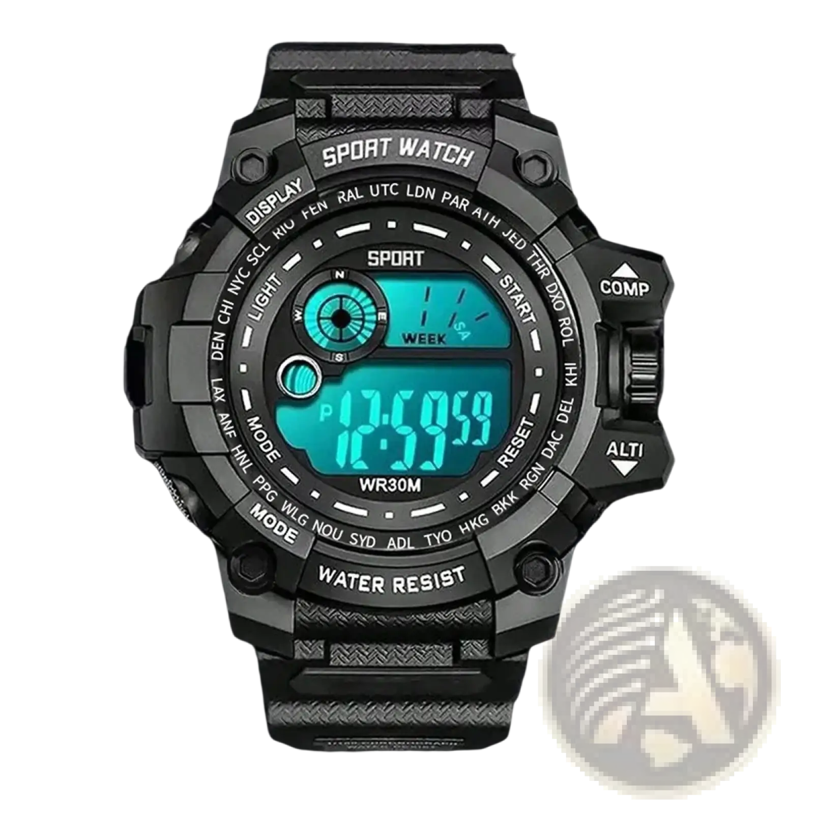 Men digital sport watch black rugged textured case and strap with bright teal led display showing time and day