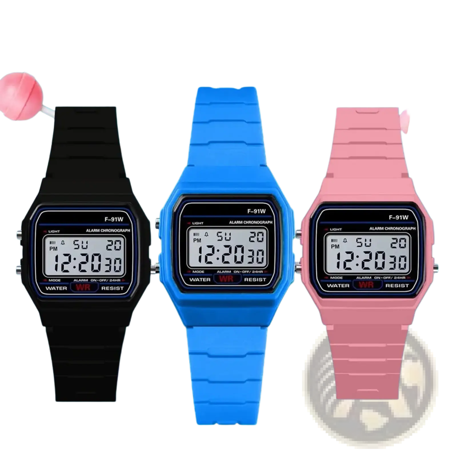 Men digital sport waterproof led military wristwatches with black blue and pink rubber straps displayed together