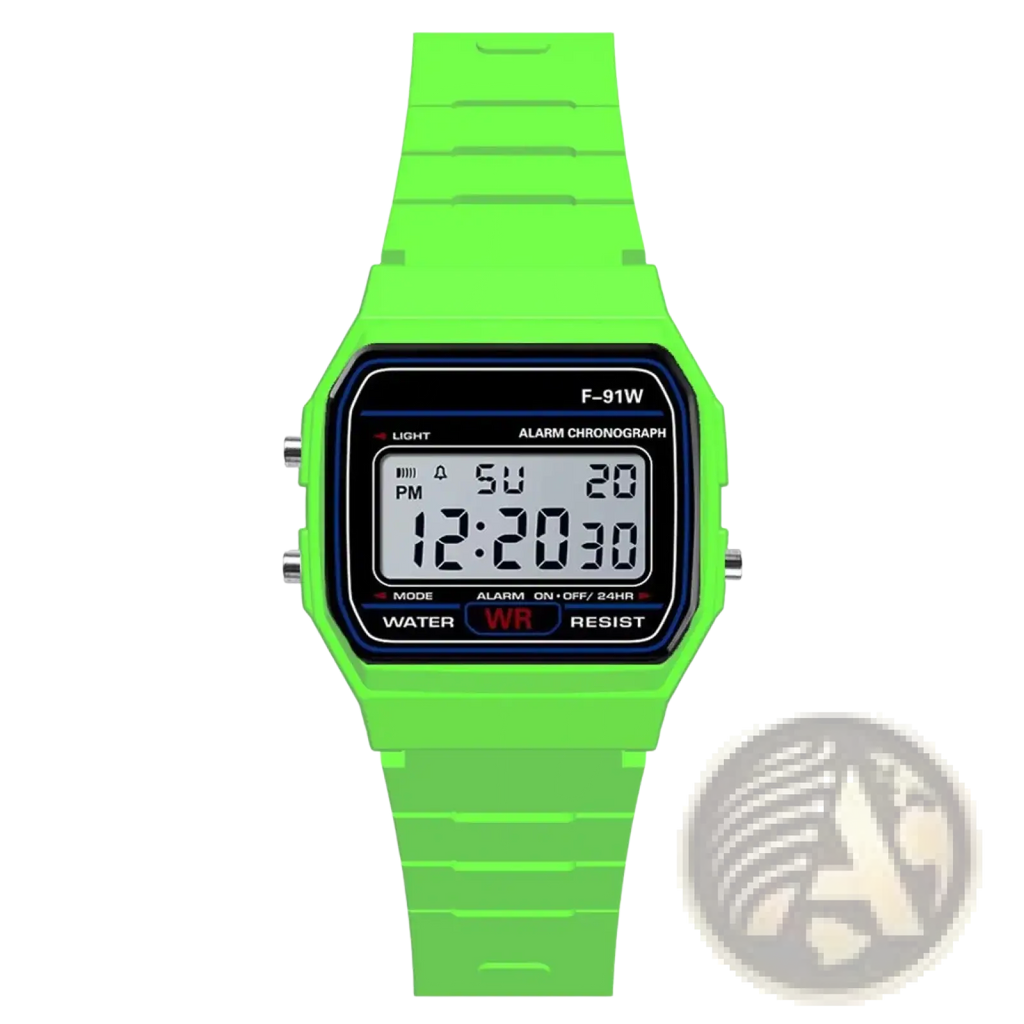 Vibrant lime green men digital sport watch with rectangular case, waterproof led display showing time and day