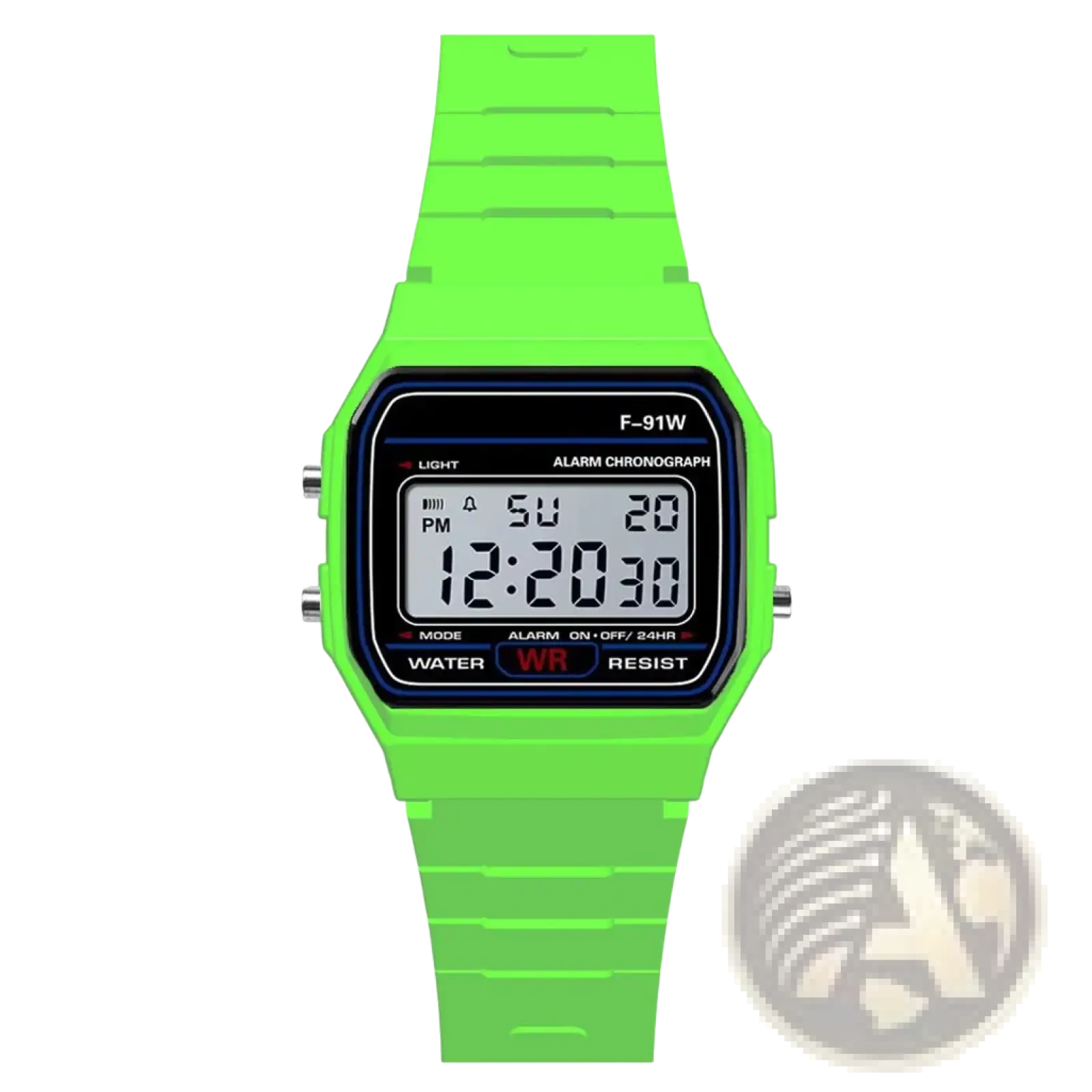 Vibrant lime green men digital sport watch with rectangular case, waterproof led display showing time and day