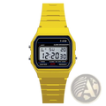 Bright yellow men digital sport watch with rectangular face black display text and matching strap waterproof led military wristwatch