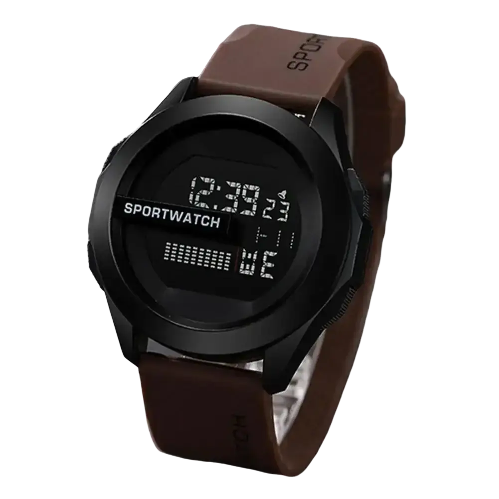 Black digital sport watch with brown leather strap featuring a bold minimalist design and waterproof silicone band for men