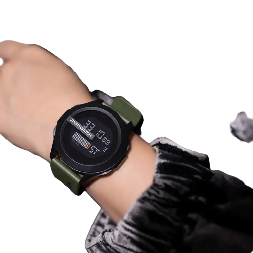 Black digital sport watch with waterproof feature and olive green silicone band for men